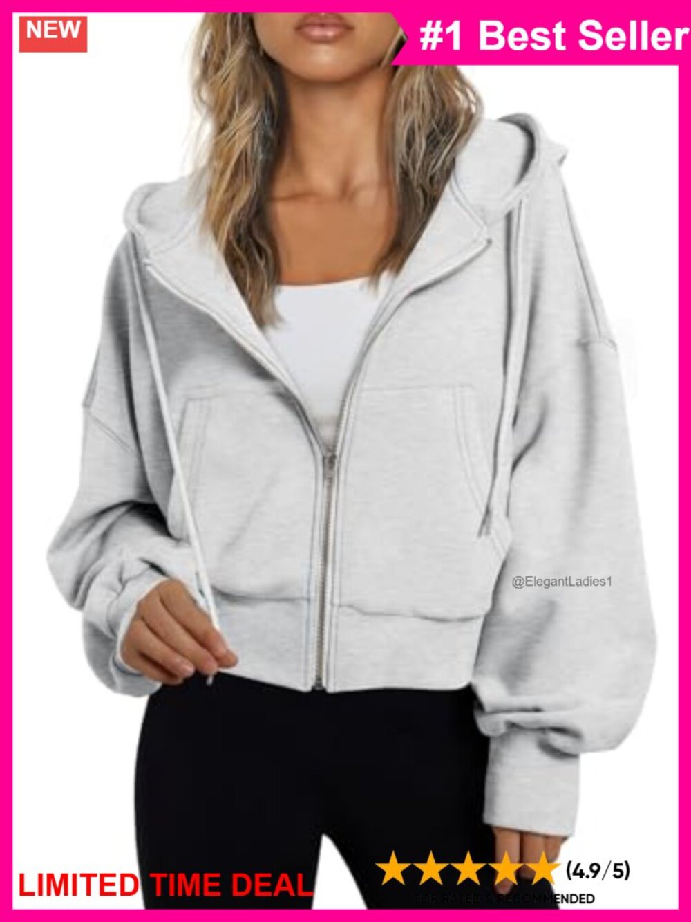 Zip Up Cropped Hoodie Jacket Polyester Cotton Drop Shoulder Athleisure